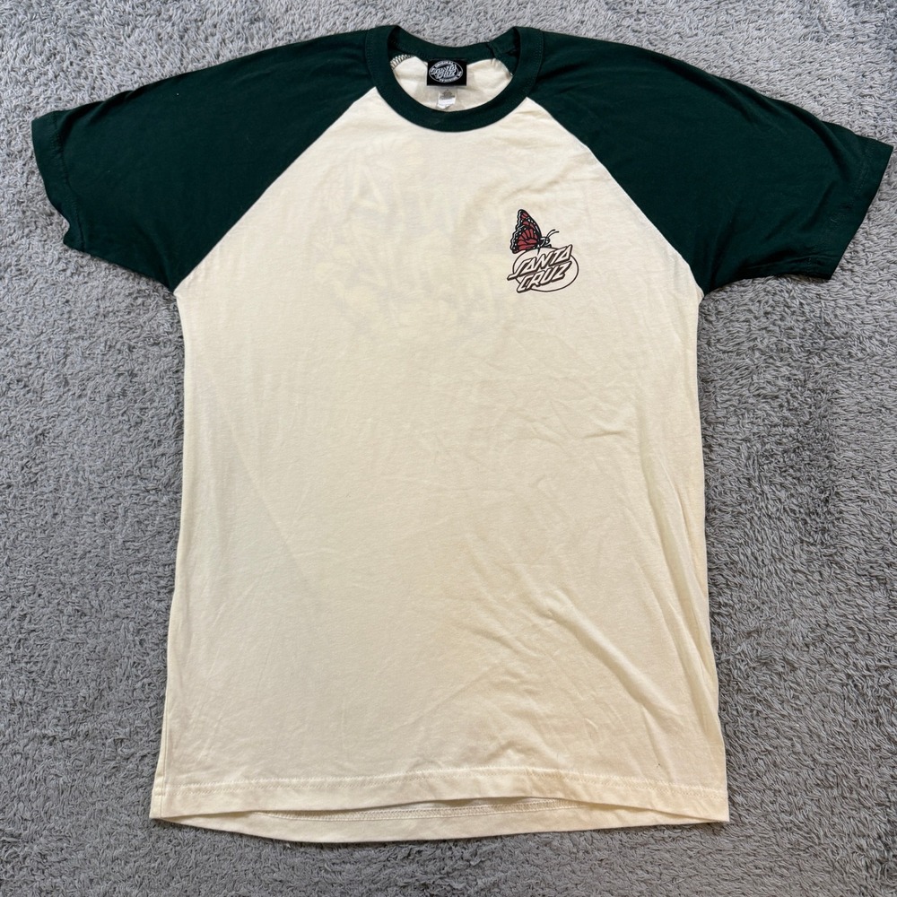 Santa Cruz Raglan T-Shirt Size S Cream Green Mushroom Butterfly Skate BC001804